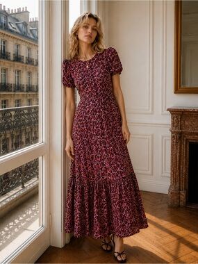 Old Navy Burgundy and Pink Floral Puff-Sleeve Maxi Dress Cottagecore Size Small